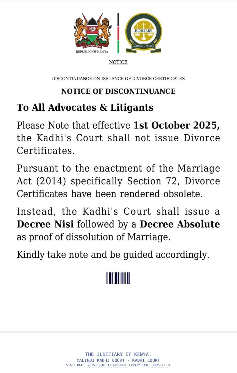 Changes to Divorce Certificates in Kadhi's Courts